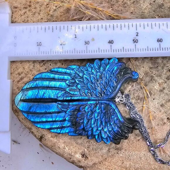 Nature Labradorite Carved Flashy Angel Wing Pendant Necklace - Picture 9 of 10